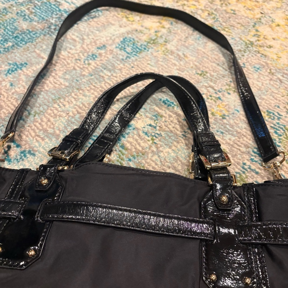 Michael Kors Gandervoort Black Vinyl Tote Leather Purse Carryall GUC Adjustable - Picture 4 of 13